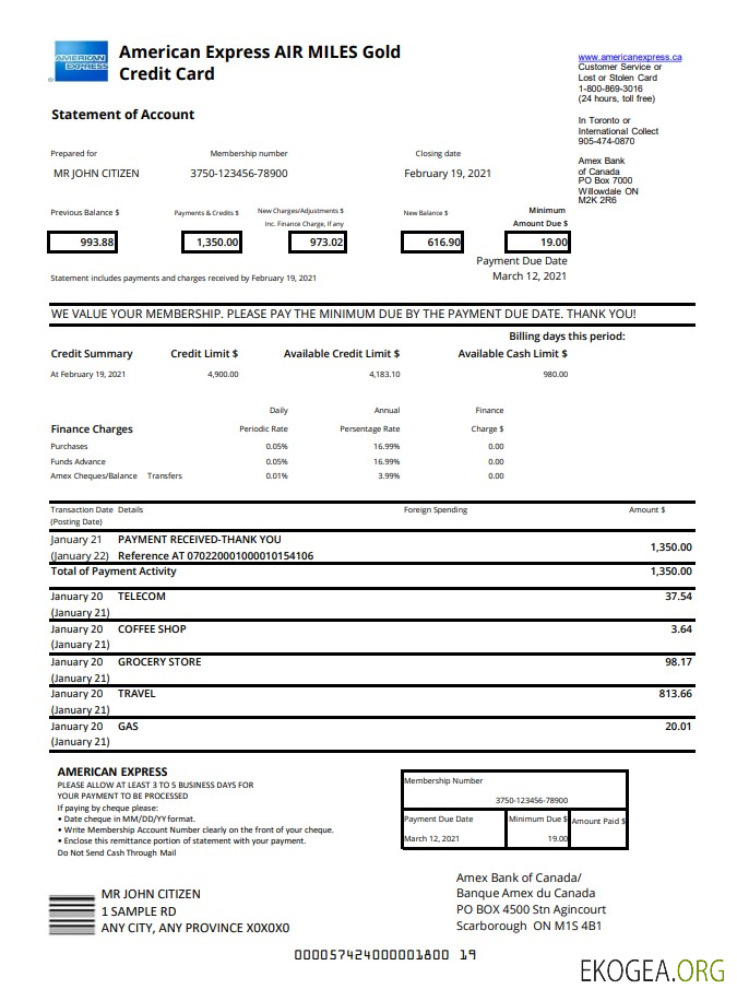 Carte de crédit Canada American Express Air Miles Or excel pdf
